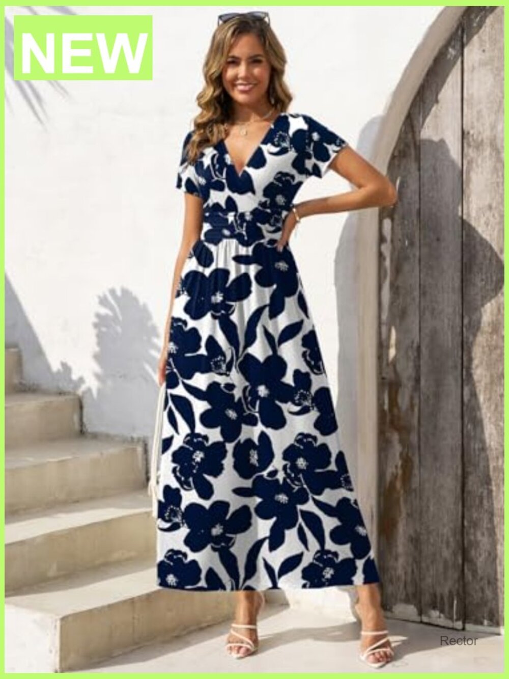 Women's Summer Short Sleeve Maxi Dress V Neck Flowy Sundress with Pockets - Picture 5 of 7